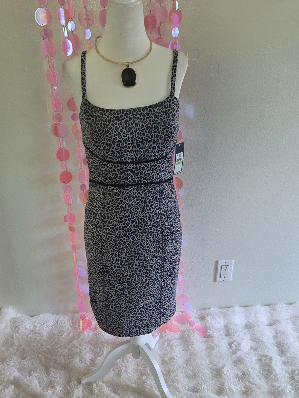 RACHEL Rachel Roy Black and Gray Leopard Print Midi Sheath Dress